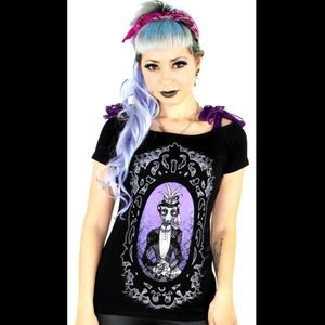 Too Fast Annabel Bow Ms Skunk Victorian Cameo Tattoo Art Top w Purple Lace Ties